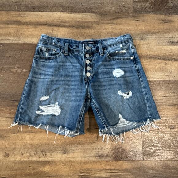 Lucky Brand Jean Shorts 0/25 (30 Waist) Blue Distressed Raw Hem Button Fly Denim - Picture 1 of 12